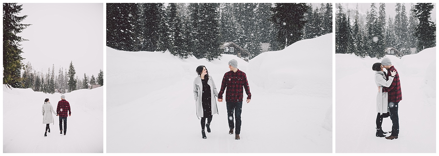 Snowing hard for their engagement photos near Alpental