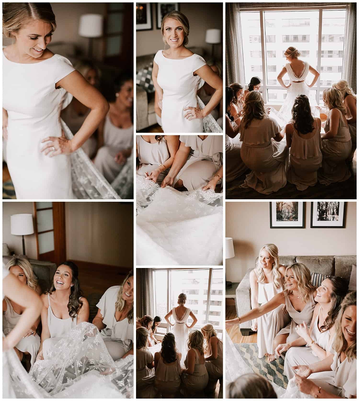 First look with her bridesmaids at the Hyatt Seattle. Photo by Luma Weddings