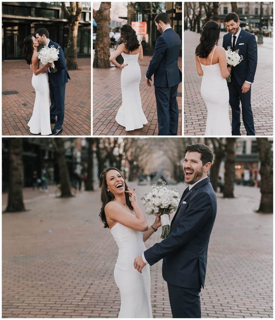 Occidental Square wedding portraits for their Melrose Market Studios wedding on NYE by Seattle wedding photographer Kyle Goldie of Luma Weddings