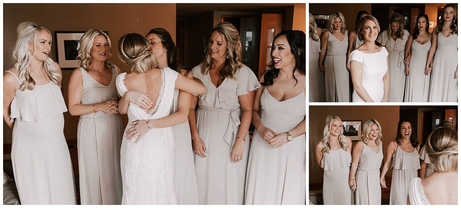 First look with her bridesmaids at the Hyatt Seattle