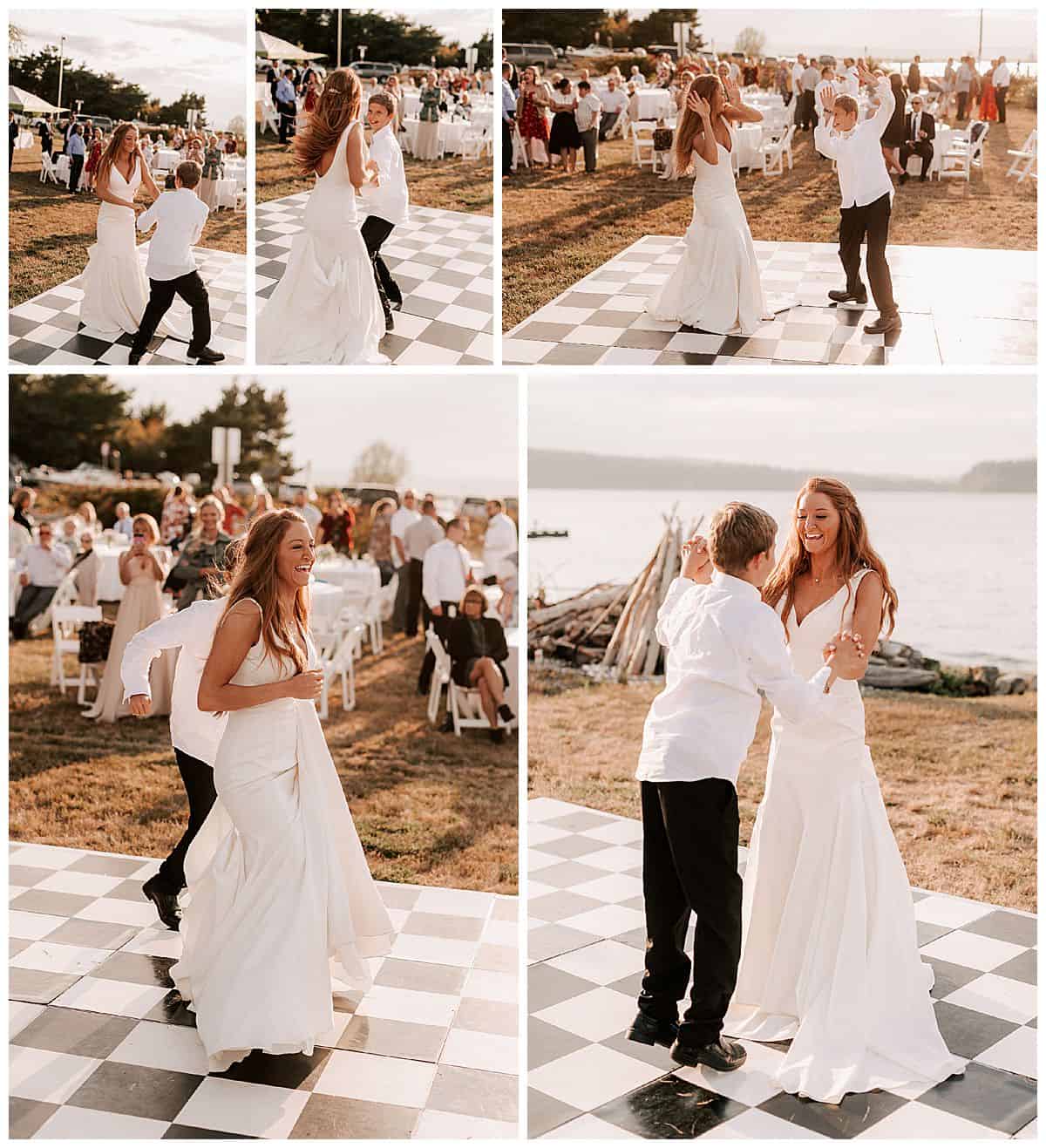 Checkerboard dance floor at this waterfront backyard wedding in Port Gamble, WA