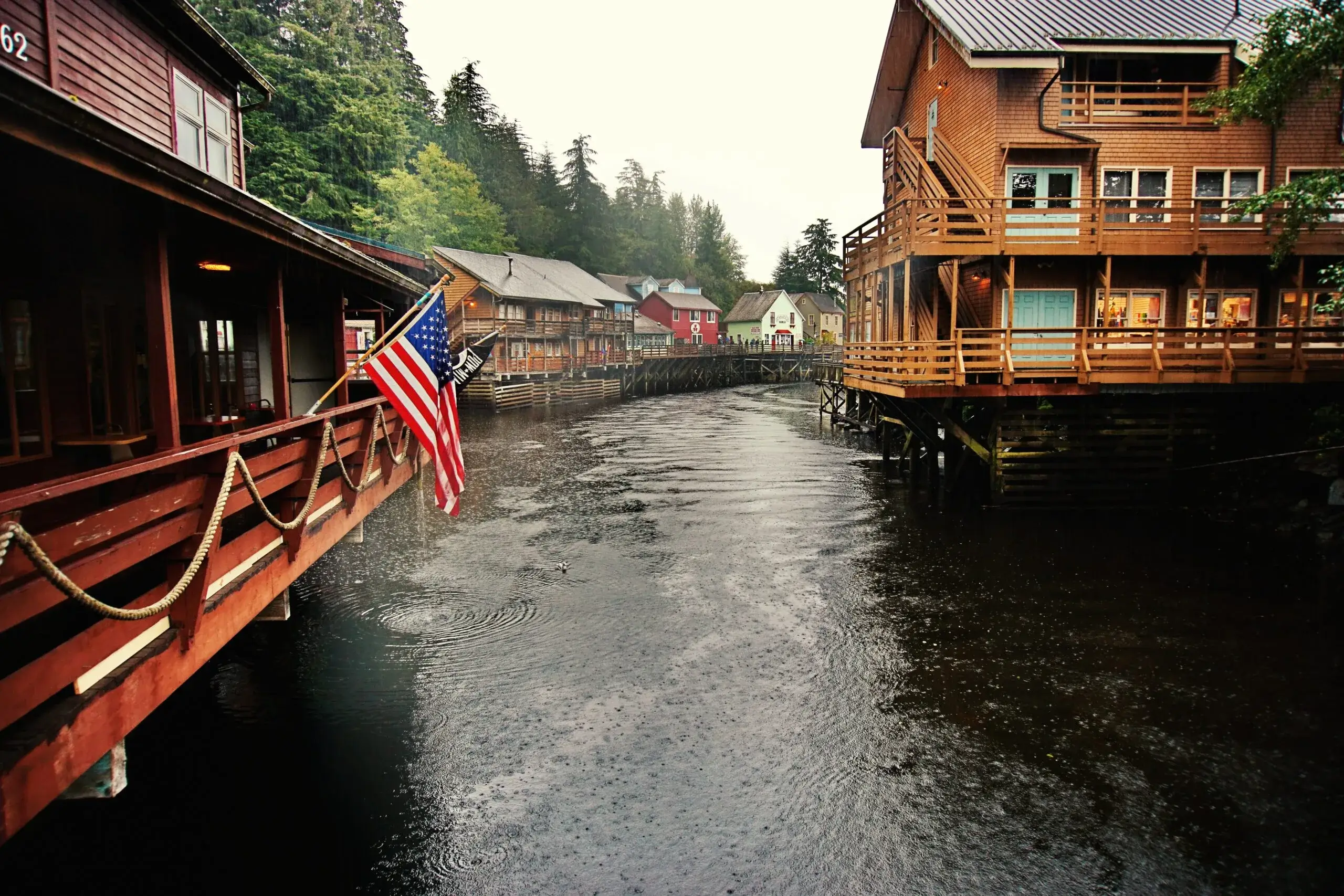 The river in downtown Ketchikan showcasing the cozy area that you and your guests will be staying around as you check out wedding venues in the city.